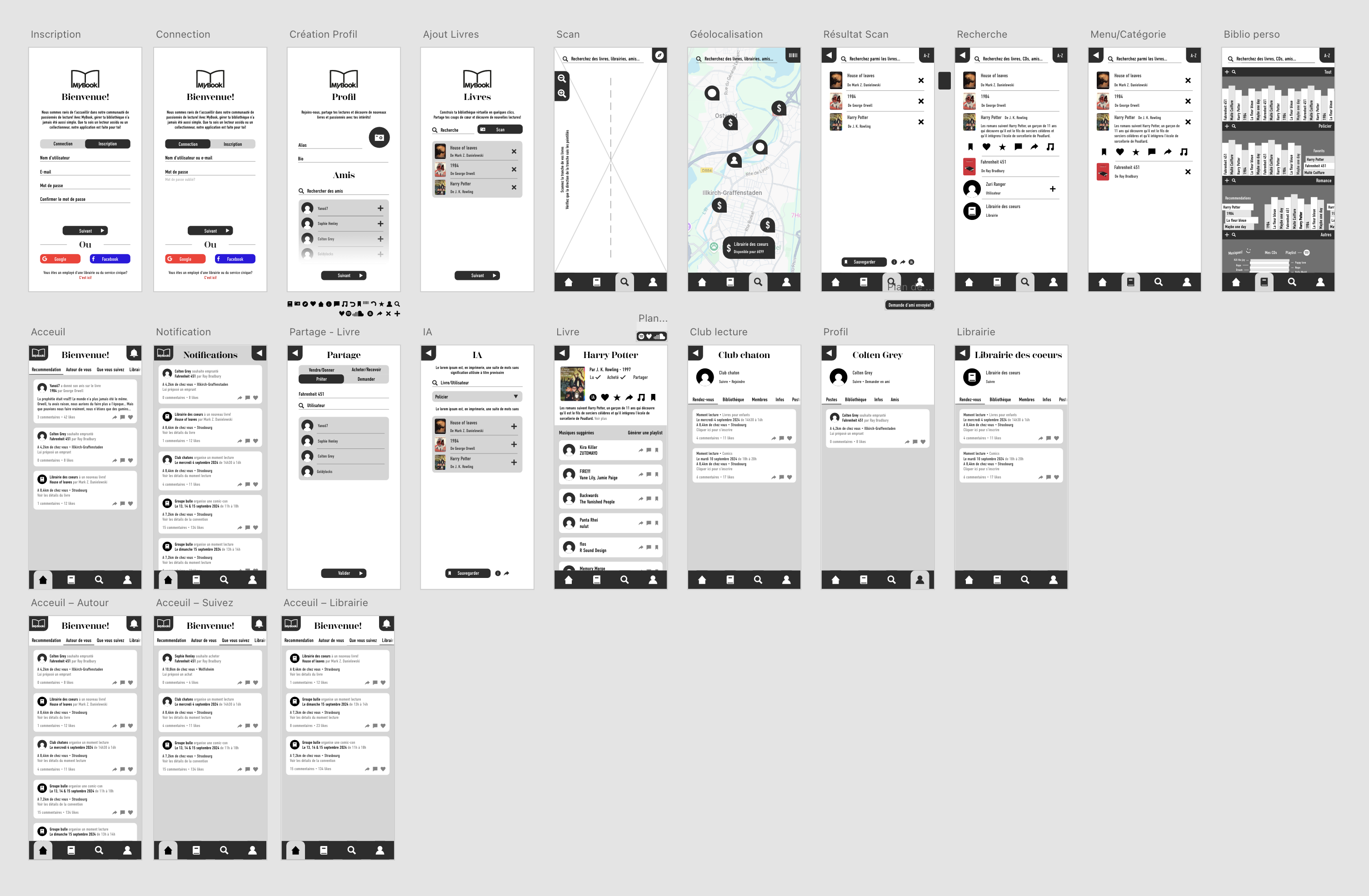 Screenshot of all the final screens of the Adobe XD prototype